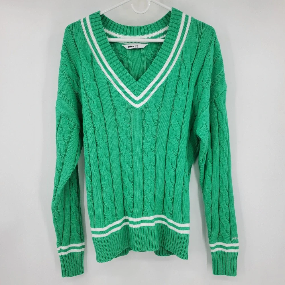 Prince Green Cable Knit V-Neck Varsity Stripe Sweater Small Tennis Pickleball